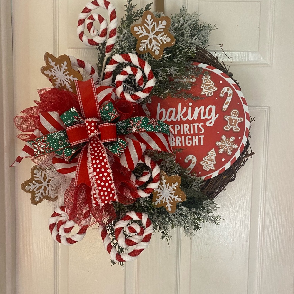 Baking Spirits Bright Wreath on a grapevine wreath frame, perfect for a baker!